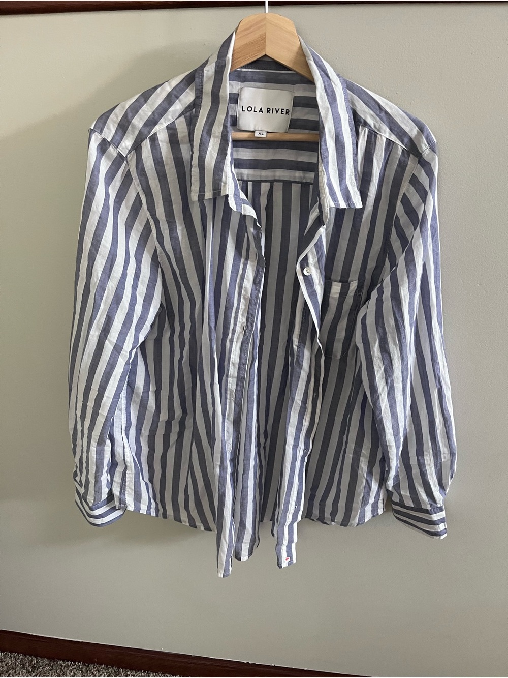 Lola River Womens Blue White Striped Cotton Button Down Shirt XL Long‎ Sleeve